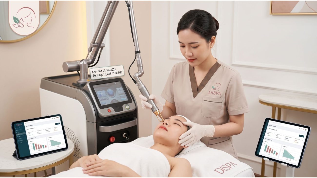 Kỹ thuật viên spa chuyên nghiệp vận hành máy laser thẩm mỹ an toàn