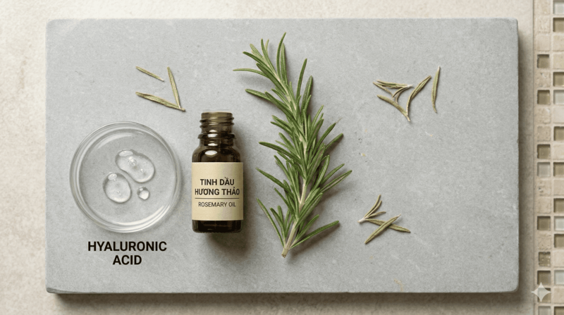 Các thành phần tự nhiên tốt cho da đầu như tinh dầu hương thảo và Hyaluronic Acid