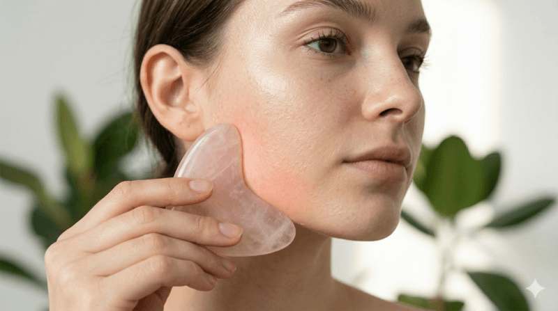 Kỹ thuật massage bằng đá thạch anh Gua Sha dọc theo đường viền hàm để nâng cơ
