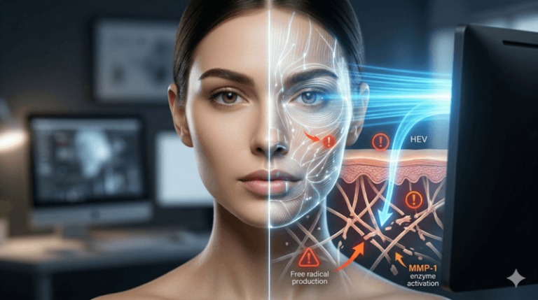 Minh họa ánh sáng xanh (HEV) xuyên sâu qua biểu bì và trung bì, phá hủy Collagen