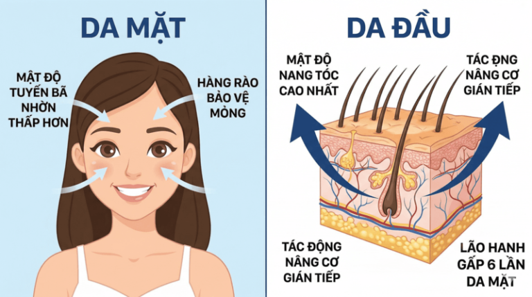 So sánh cấu trúc da đầu và da mặt trong việc chống lão hóa