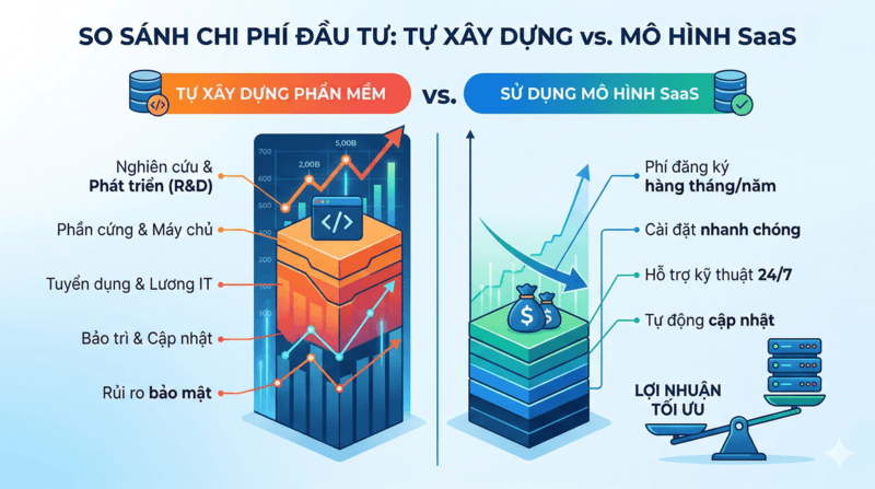 Biểu đồ so sánh chi phí đầu tư giữa tự xây dựng phần mềm và sử dụng mô hình SaaS