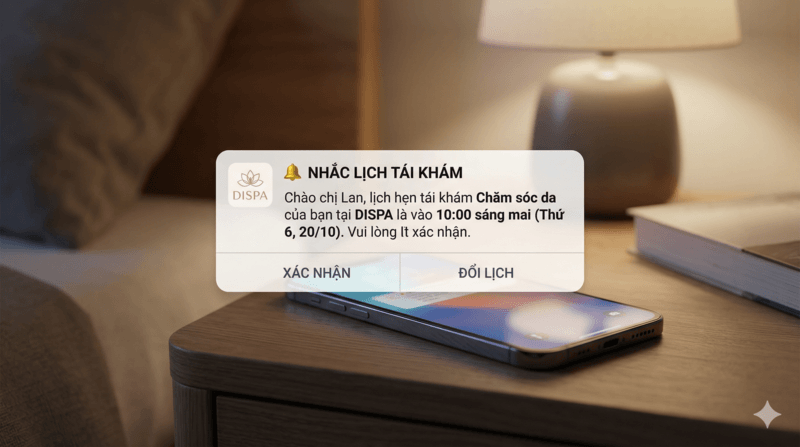 Màn hình điện thoại hiển thị thông báo tự động nhắc lịch hẹn tái khám từ ứng dụng spa