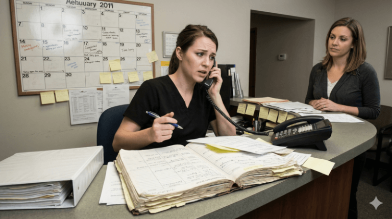 Nhân viên lễ tân vất vả trong việc sắp xếp lịch hẹn thủ công cho khách hàng